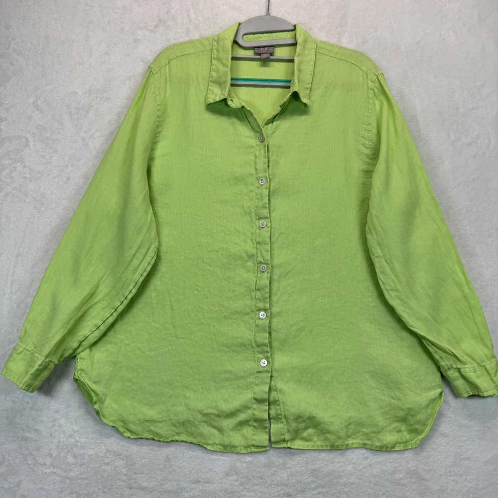 J. Jill Linen Button Down Shirt‎ Top Petite L Green Long Sleeve Casual READ